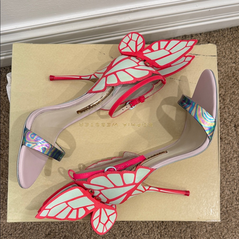 Sophia Webster Butterfly Heels 37 Holographic Strap Iconic Angel Wings Sandals - Picture 8 of 12